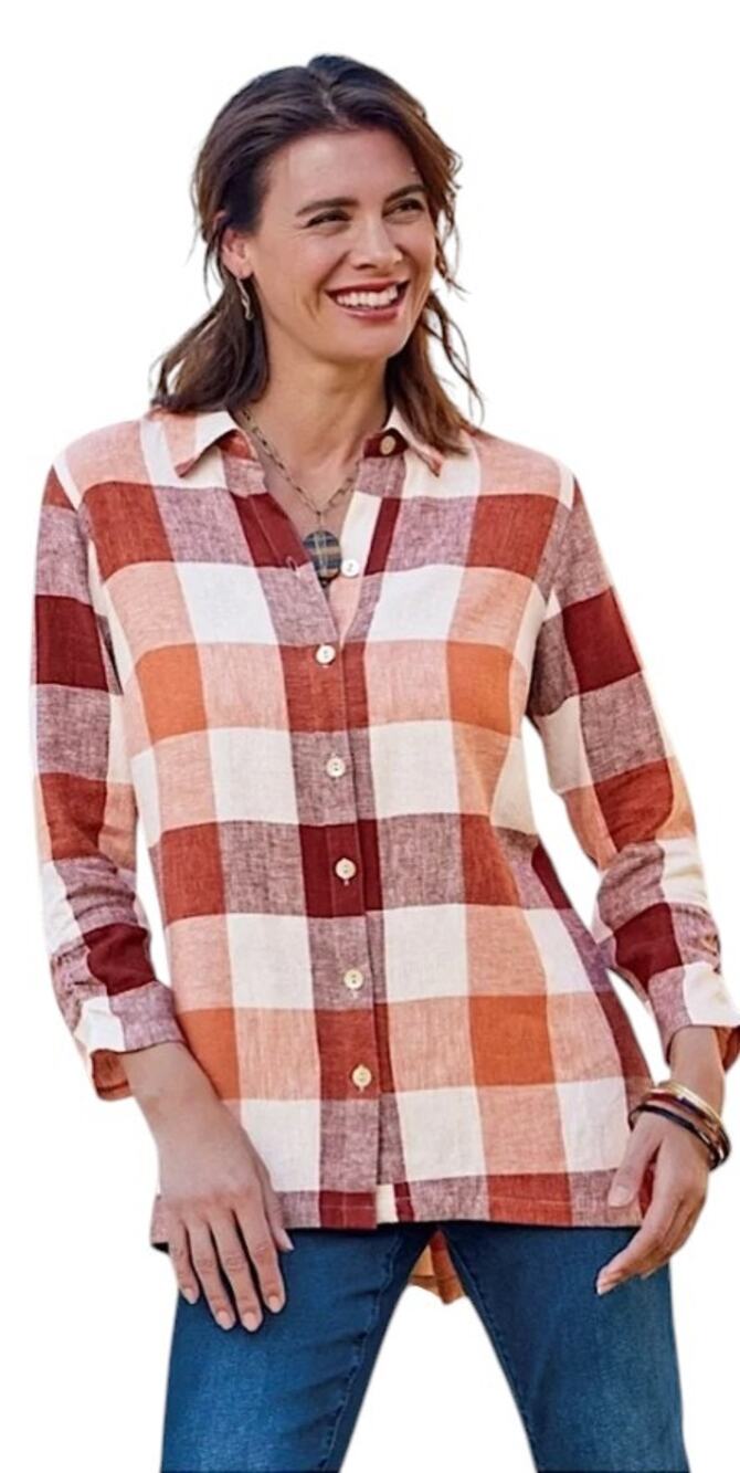 Soft Surroundings Brown Plaid Carreaux Linen Orange Button Down Top